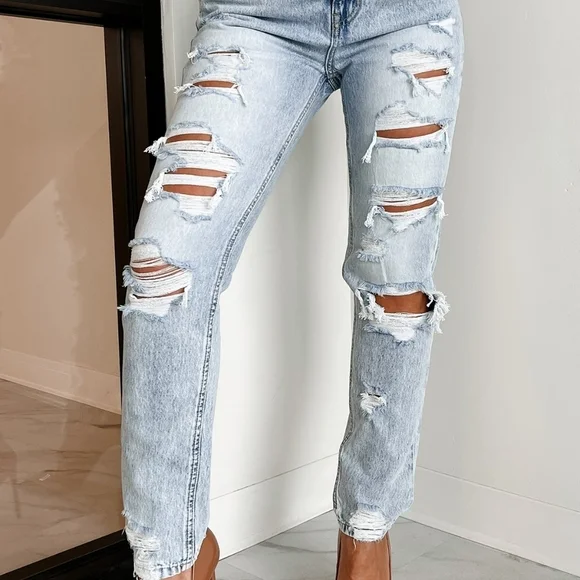 Light Washed Distressed Baggy Kancan Button Fly Denim Jeans - Picture 6 of 7